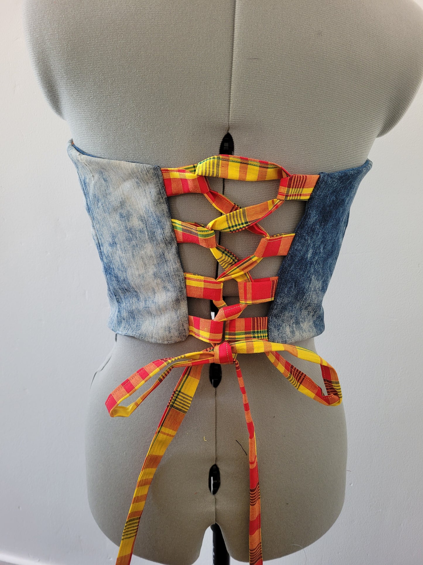 Bustier jeans madras rouge