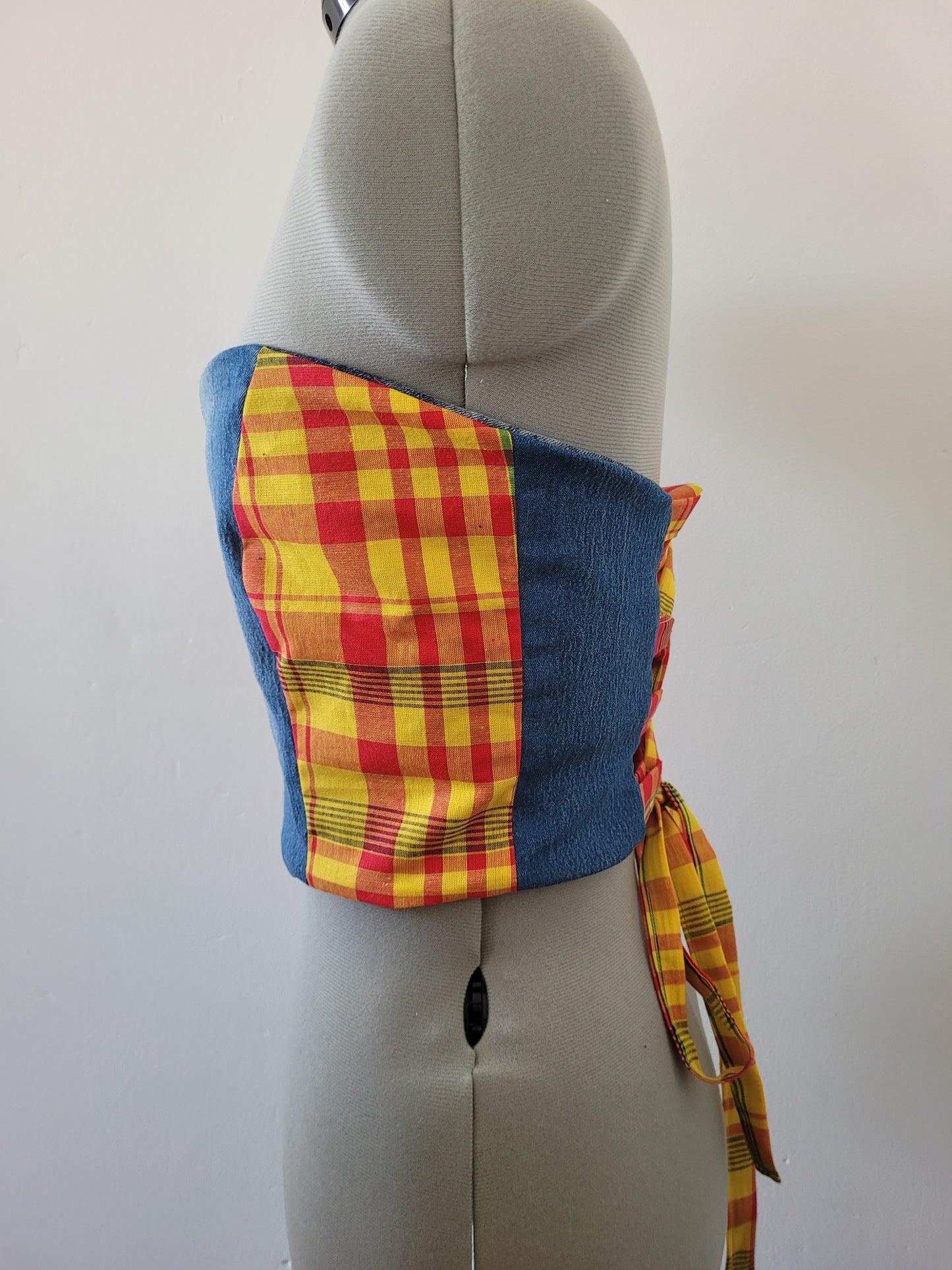 Bustier jeans madras rouge