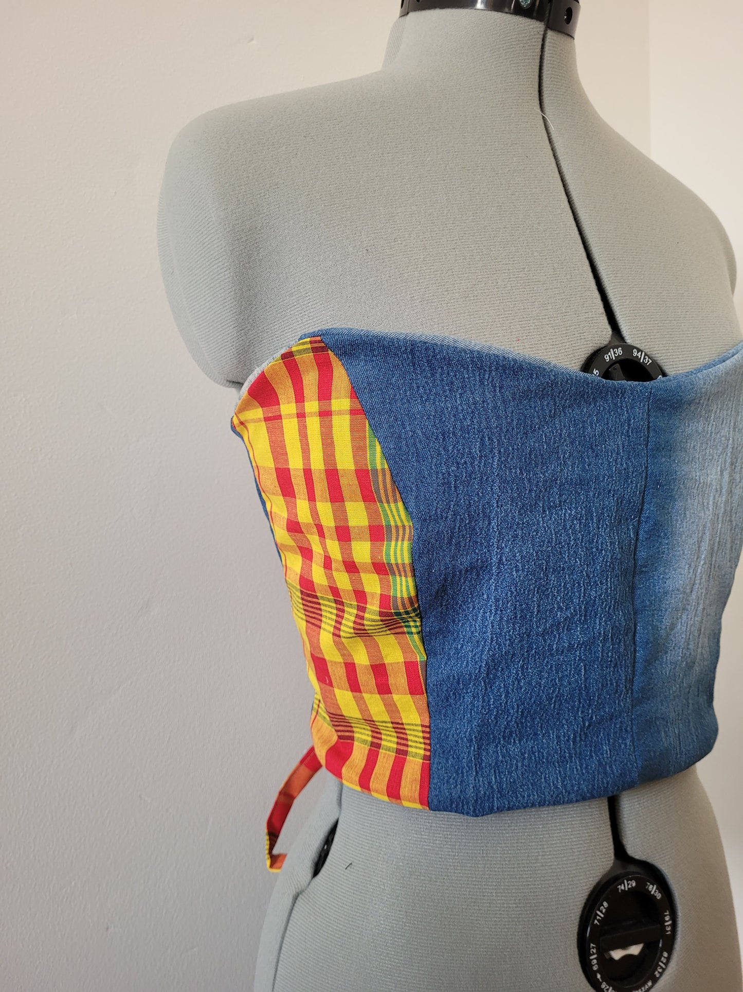 Bustier jeans madras rouge
