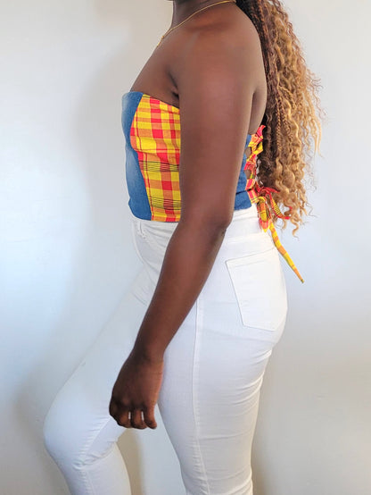Bustier jeans madras rouge