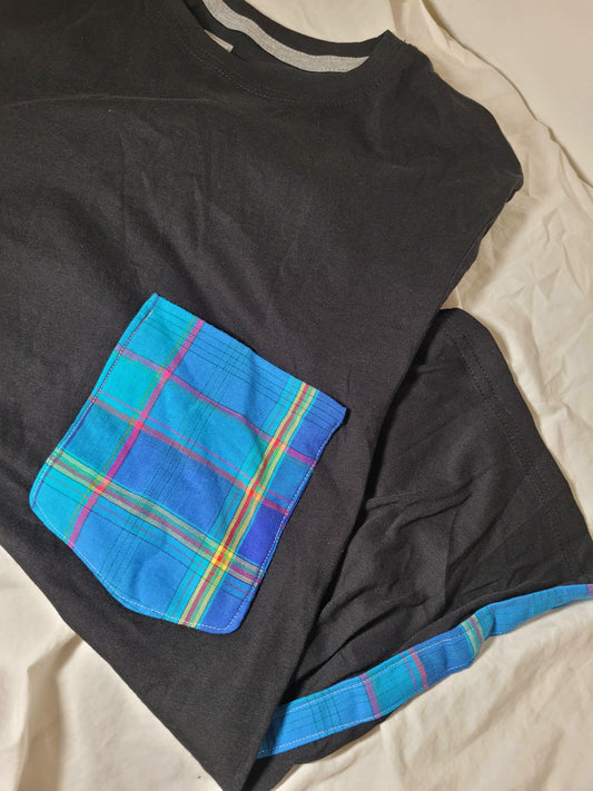 Tee-shirt madras noir et madras bleu manches élastique