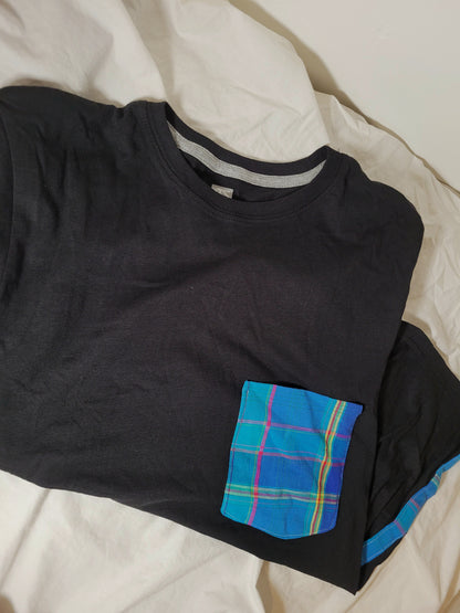 Tee-shirt madras noir et madras bleu manches élastique