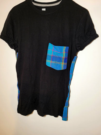 Tee-shirt madras noir et madras bleu manches élastique