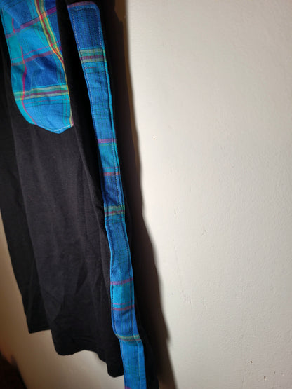 Tee-shirt madras noir et madras bleu manches élastique