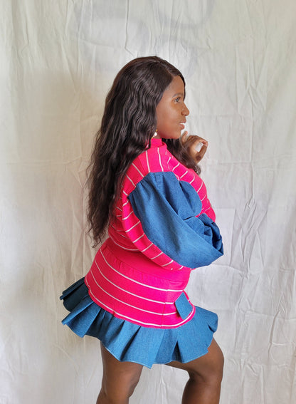 Ensemble rose et jeans rayé