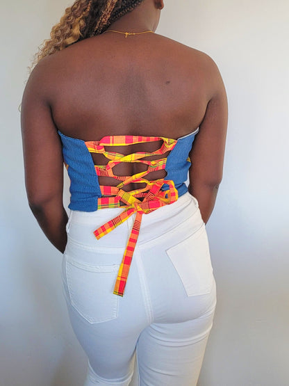 Bustier jeans madras rouge