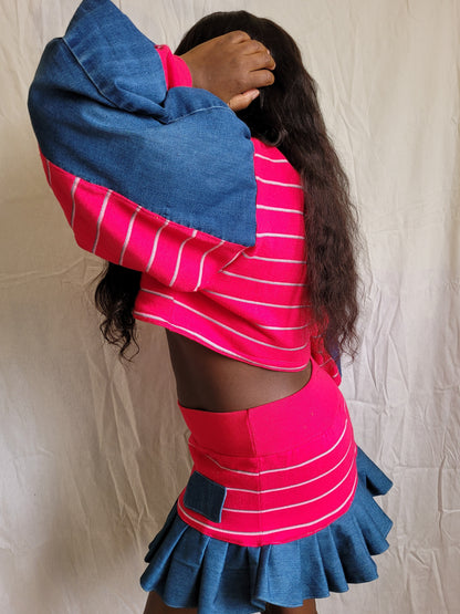 Ensemble rose et jeans rayé
