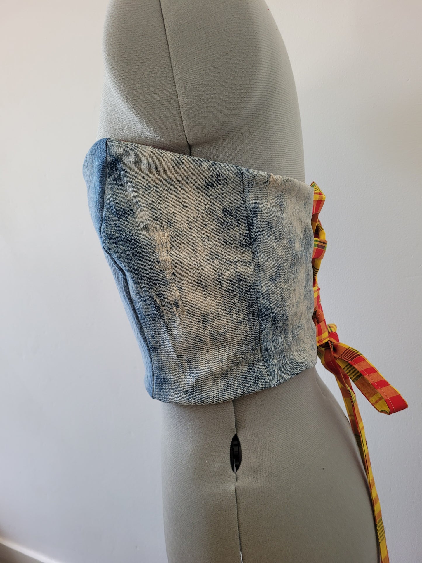 Bustier jeans madras rouge